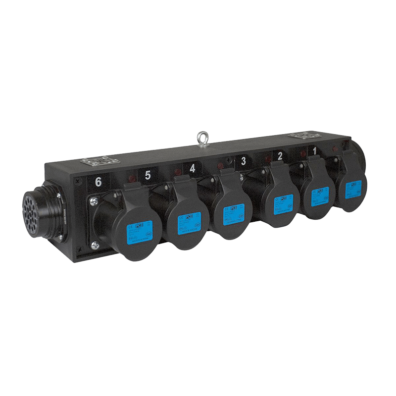 Socapex Link Through 19 pin Adaptor Box with 6 x Cee Form Outlets