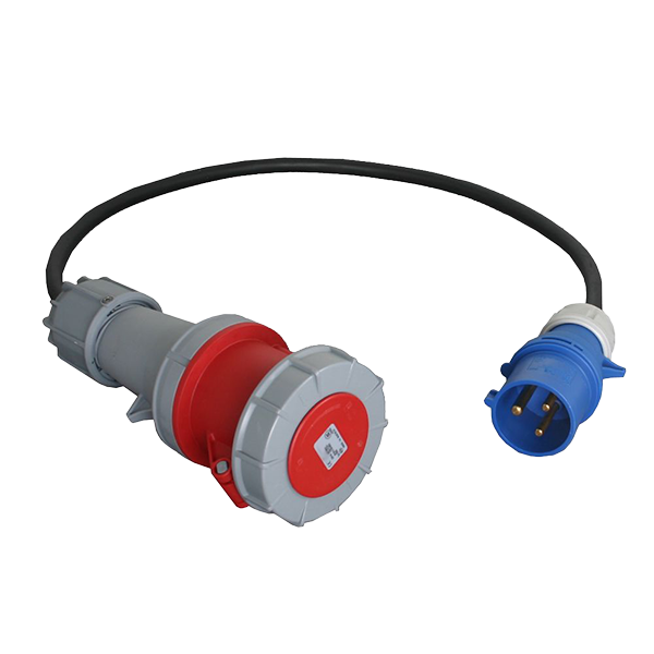 32A 240v Plug to 63A 400v Socket 6sqmm H07RN-F Black Rubber Cable